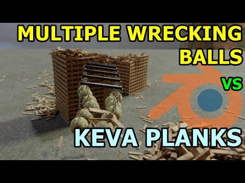 Multiple Wrecking Balls vs Keva Planks With SoundFX Blender Rigid Body Physics